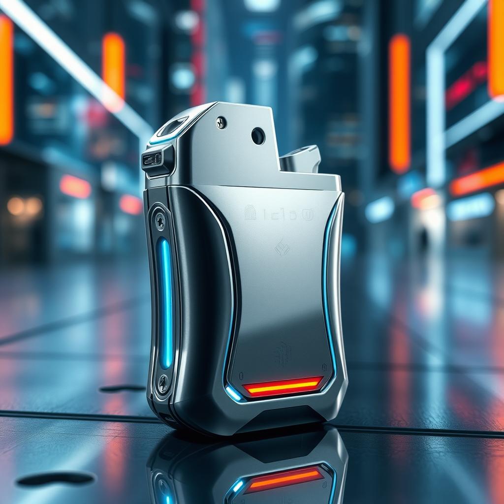 A futuristic oil lighter, sleek and minimalist design, featuring shiny metallic surfaces and integrated LED lights
