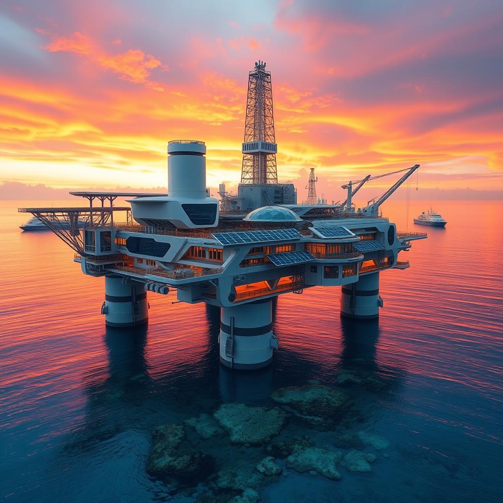 A futuristic oil rig that showcases advanced technology and eco-friendly design, set against a stunning sunset backdrop