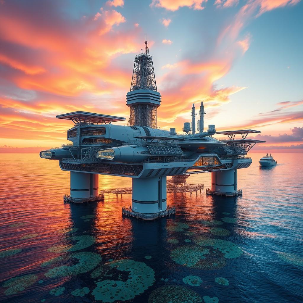 Revolutionary Eco-Friendly Oil Rig at Sunset