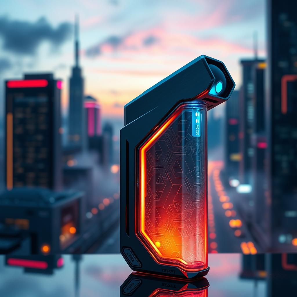 A futuristic oil lighter, sleek and modern in design, featuring a metallic and glass body with glowing LED accents