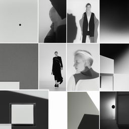 An ultra minimalist editorial mood board containing simple, sleek designs and a monochrome color palette.