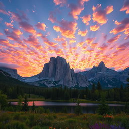 A beautifully edited scenic landscape featuring towering mountains under a vibrant sunset sky