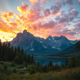 A beautifully edited scenic landscape featuring towering mountains under a vibrant sunset sky
