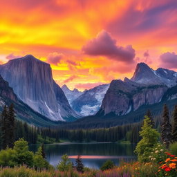 A beautifully edited scenic landscape featuring towering mountains under a vibrant sunset sky