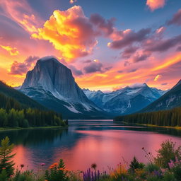 A beautifully edited scenic landscape featuring towering mountains under a vibrant sunset sky