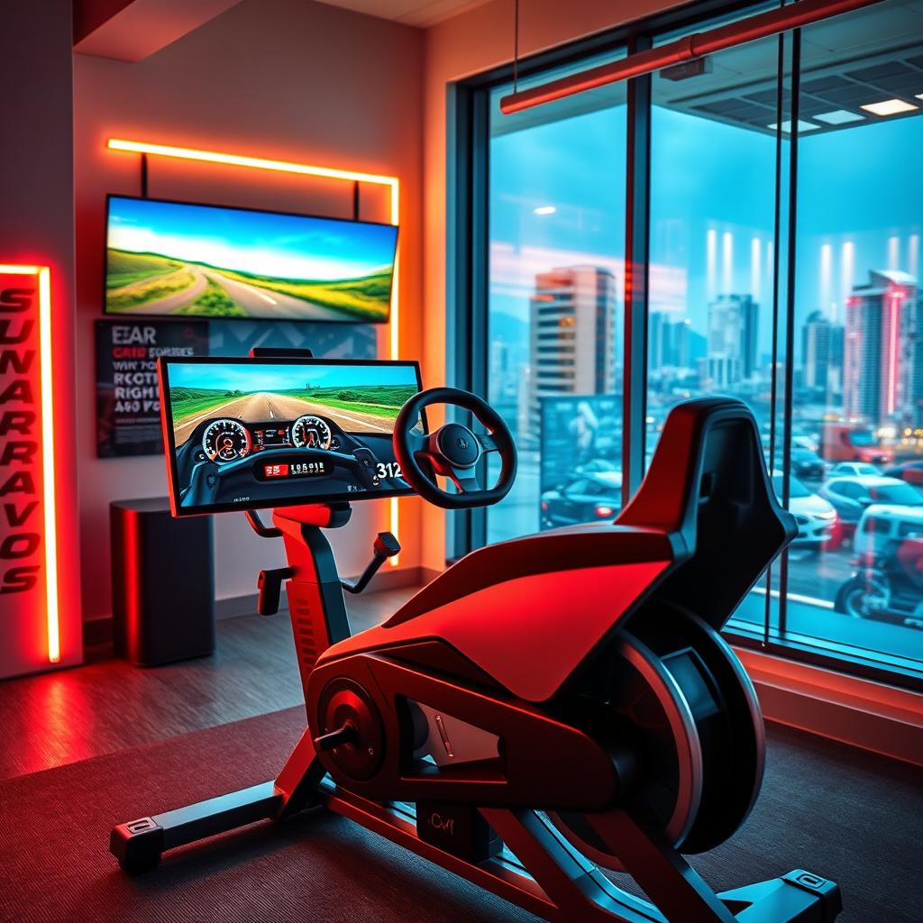 A unique gym simulation environment where a stationary exercise bike is transformed into a high-tech car simulator