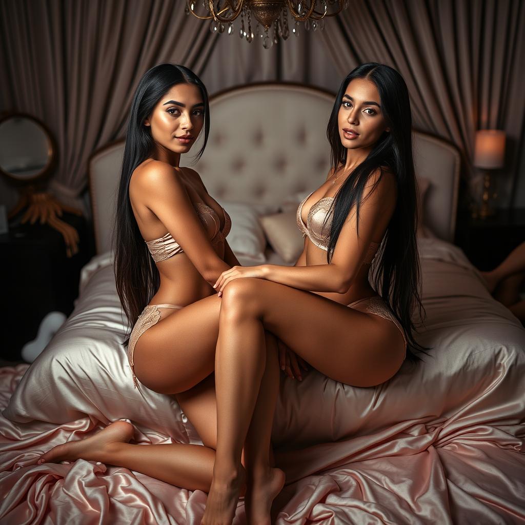 Nineteen-year-old tan Arabic Latina model twin sisters, both aged 18, petite with very long dark brunette hair, very skinny with small busts and small buttocks