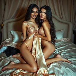Nineteen-year-old tan Arabic Latina model twin sisters, both aged 18, petite with very long dark brunette hair, very skinny with small busts and small buttocks