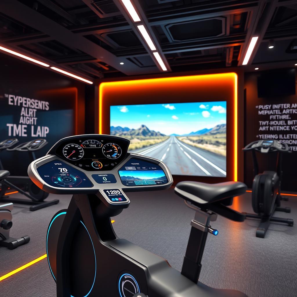 A creative and futuristic gym simulator where a car's dashboard is seamlessly integrated into the design of a high-tech stationary bike