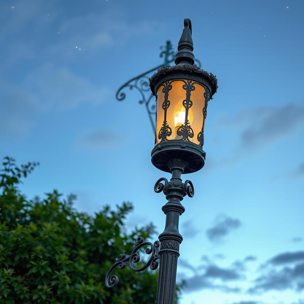 An antique-style electric and light pole, showcasing intricate Victorian designs with ornate metalwork, vintage glass lanterns casting a warm glow, surrounded by lush greenery