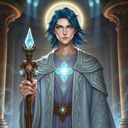 A male aasimar cleric, characterized by his radiant pale bronze skin that glows softly in the light