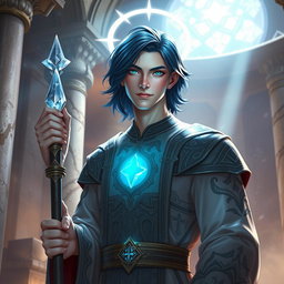 A male aasimar cleric, characterized by his radiant pale bronze skin that glows softly in the light