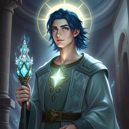 A male aasimar cleric, characterized by his radiant pale bronze skin that glows softly in the light