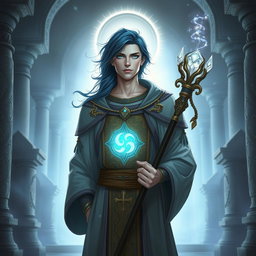 A male aasimar cleric, characterized by his radiant pale bronze skin that glows softly in the light