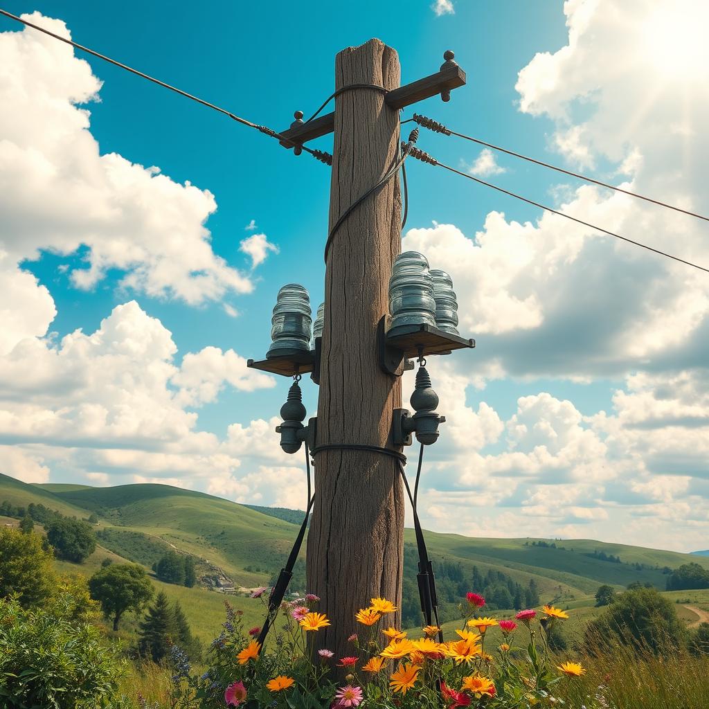 An ancient style power pole, intricately detailed with rustic wooden texture, featuring vintage glass insulators, surrounded by lush greenery