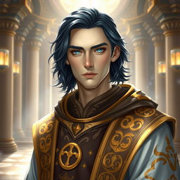 A male aasimar cleric, showcasing his pale bronze skin that emits a gentle, celestial glow