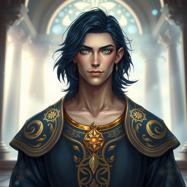 A male aasimar cleric, showcasing his pale bronze skin that emits a gentle, celestial glow