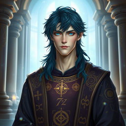 A male aasimar cleric, showcasing his pale bronze skin that emits a gentle, celestial glow