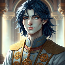 A male aasimar cleric, showcasing his pale bronze skin that emits a gentle, celestial glow