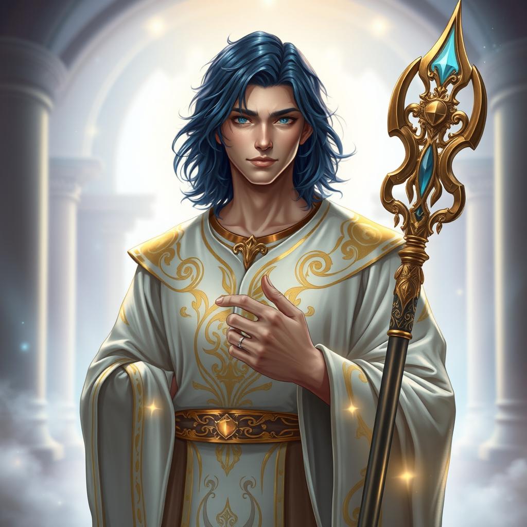 A male aasimar cleric, featuring pale bronze skin that exudes a celestial glow