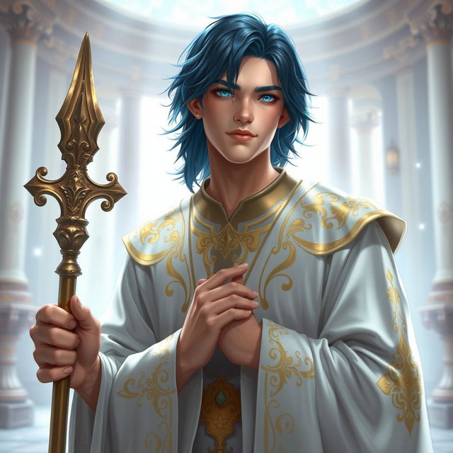 A male aasimar cleric, featuring pale bronze skin that exudes a celestial glow