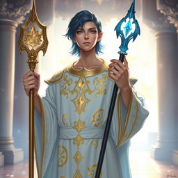 A male aasimar cleric, featuring pale bronze skin that exudes a celestial glow