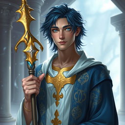 A male aasimar cleric, featuring pale bronze skin that exudes a celestial glow