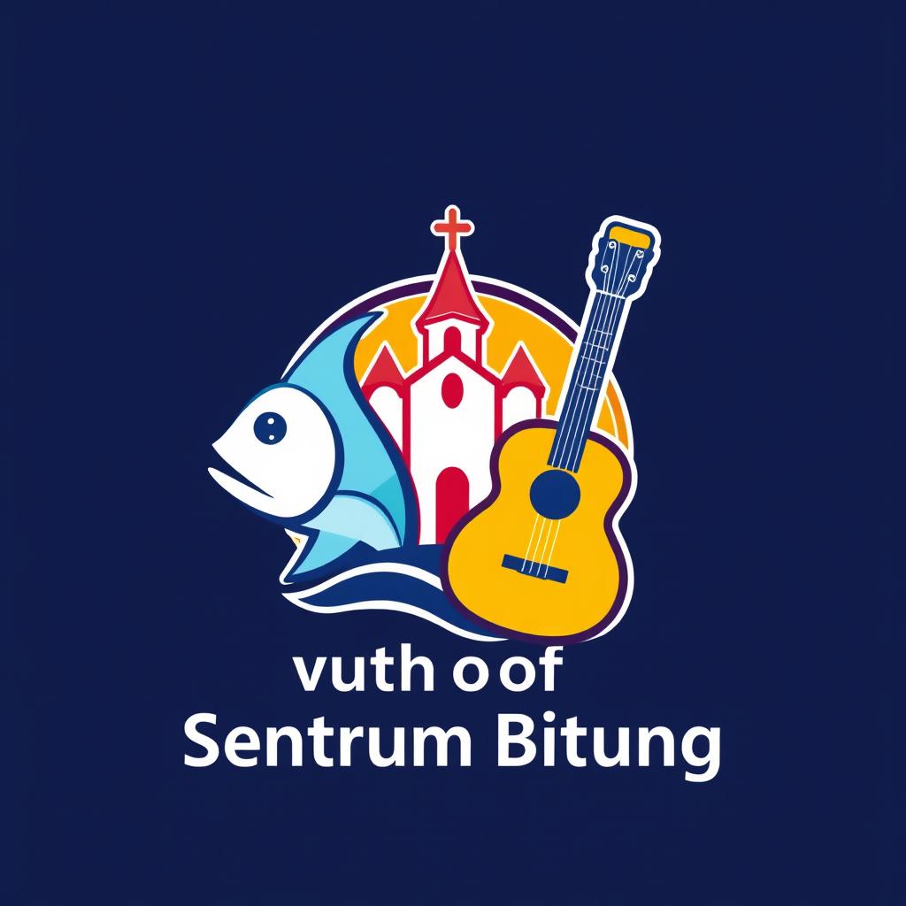 A logo design for 'Youth of Sentrum Bitung', featuring a harmonious composition of a fish, a church, and a guitar