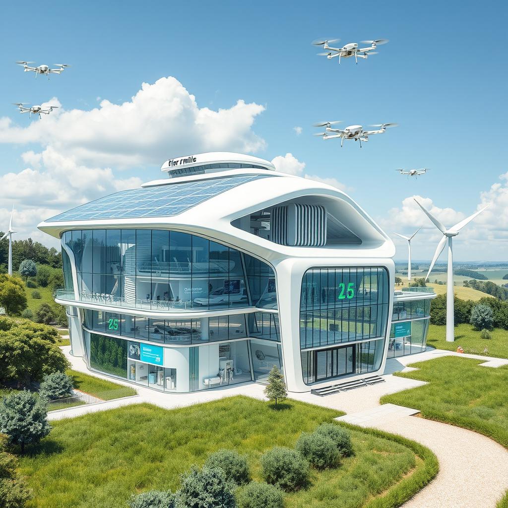 A futuristic flour mill design featuring sleek, aerodynamic architecture, with a combination of glass and metal materials