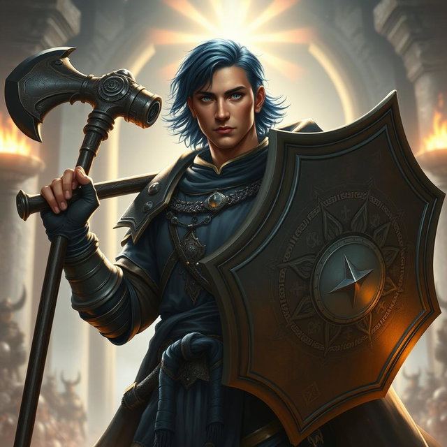A male aasimar cleric with bronze skin that reflects a warm, ethereal glow