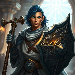 A male aasimar cleric with bronze skin that reflects a warm, ethereal glow