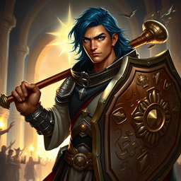A male aasimar cleric with bronze skin that reflects a warm, ethereal glow