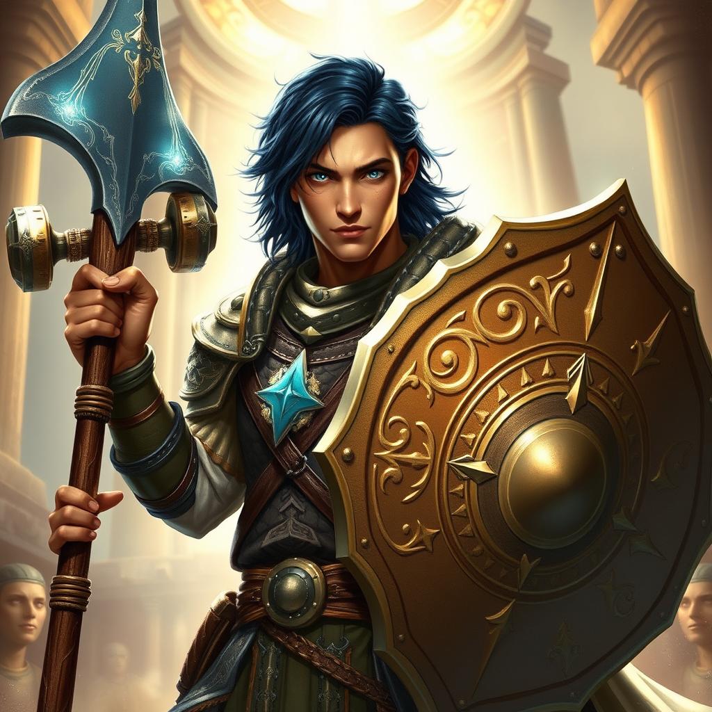 A male aasimar cleric with bronze skin that reflects a warm, ethereal glow
