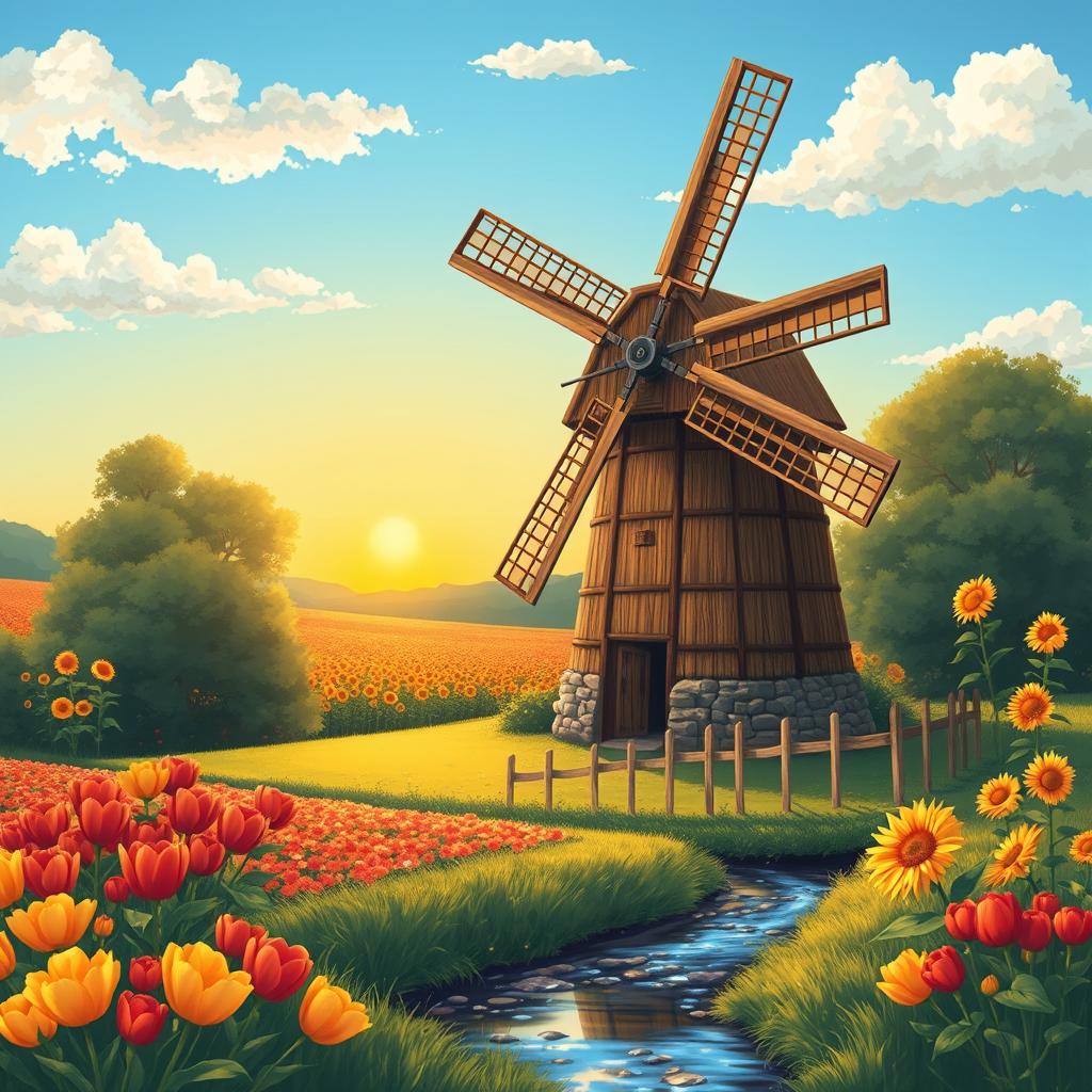 A beautifully detailed illustration of a traditional windmill set in a picturesque landscape