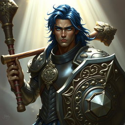 A male aasimar cleric depicted with striking bronze skin that glimmers in the light, possessing an aura of divine grace