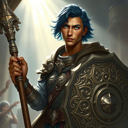 A male aasimar cleric depicted with striking bronze skin that glimmers in the light, possessing an aura of divine grace