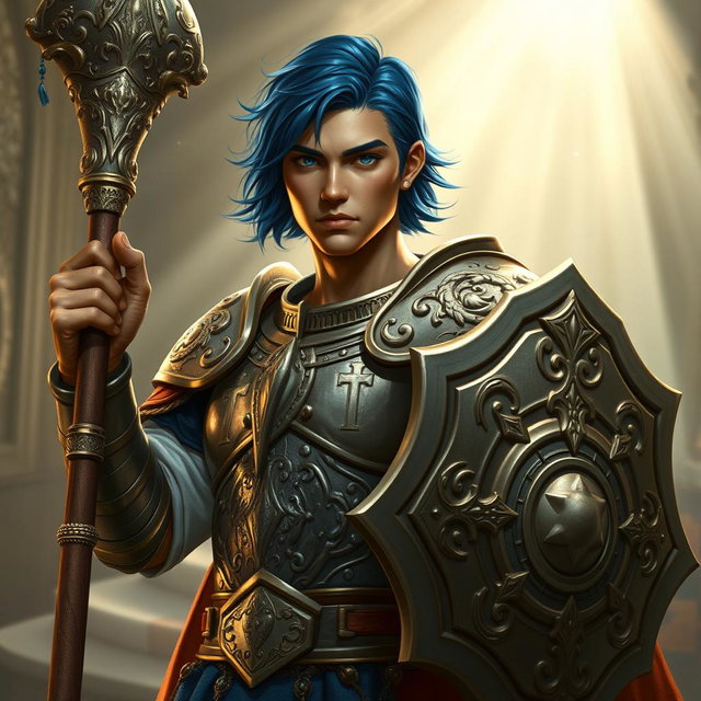 A male aasimar cleric depicted with striking bronze skin that glimmers in the light, possessing an aura of divine grace