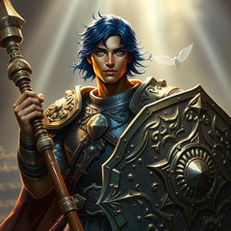A male aasimar cleric depicted with striking bronze skin that glimmers in the light, possessing an aura of divine grace