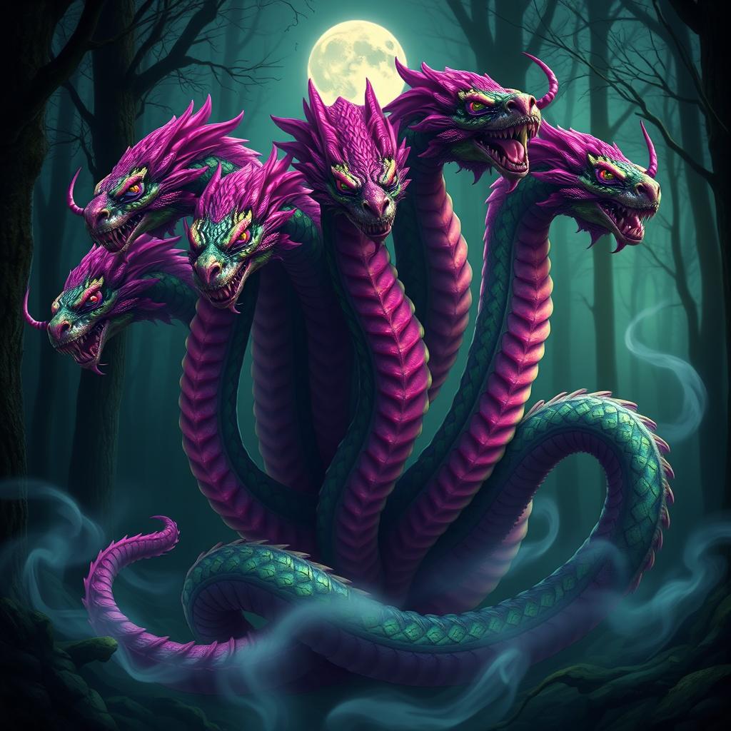 A nine-headed Hydra with a mystical aesthetic, featuring heads in shades of moss green and vibrant fuchsia