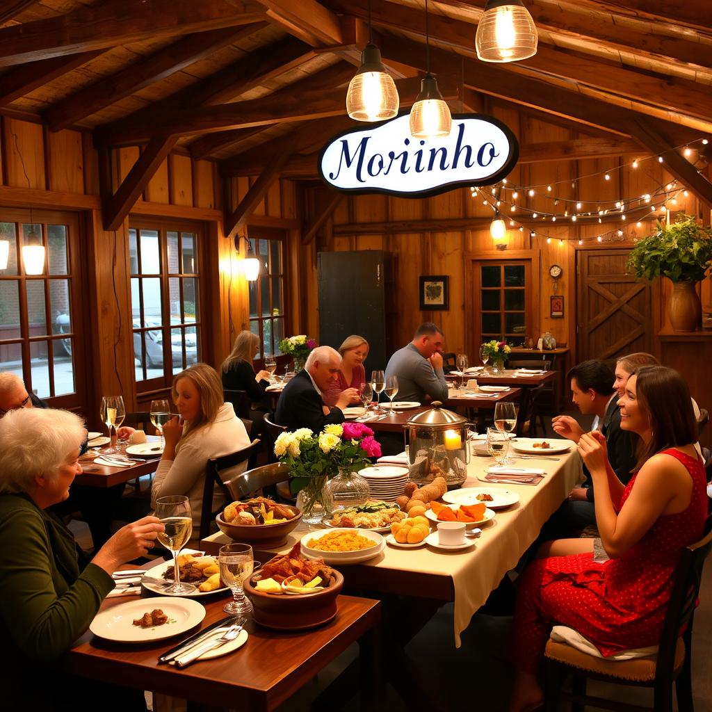 A cozy and inviting restaurant scene called 'Moinho', featuring a rustic windmill theme