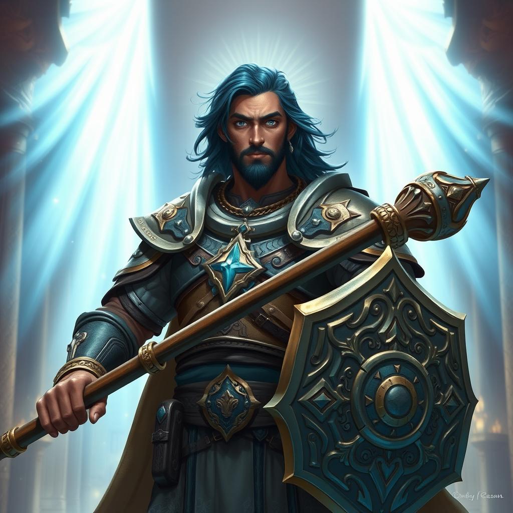 A male aasimar cleric characterized by his radiant bronze skin that glows with divine energy