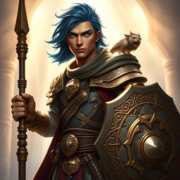 A male aasimar cleric characterized by his radiant bronze skin that glows with divine energy