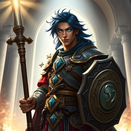 A male aasimar cleric characterized by his radiant bronze skin that glows with divine energy