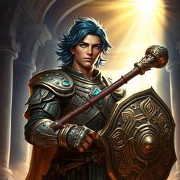 A male aasimar cleric characterized by his radiant bronze skin that glows with divine energy