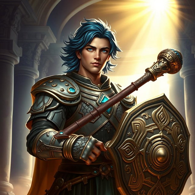 A male aasimar cleric characterized by his radiant bronze skin that glows with divine energy