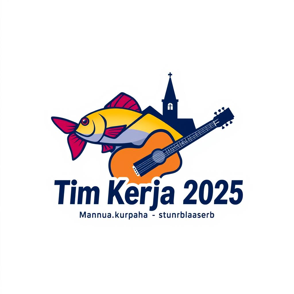 A cool and modern logo design for "Tim Kerja 2025 Pemuda Sentrum Bitung", featuring an artistic and dynamic representation of a fish, a church silhouette, and a guitar