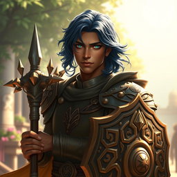 A male aasimar cleric portrayed with striking bronze skin that radiates a subtle glow