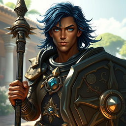 A male aasimar cleric portrayed with striking bronze skin that radiates a subtle glow