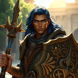 A male aasimar cleric portrayed with striking bronze skin that radiates a subtle glow