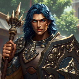 A male aasimar cleric portrayed with striking bronze skin that radiates a subtle glow